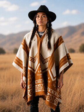 Mens Womens Hooded 100% Wool Poncho Southwestern Handwoven Pullover Cloak Coat